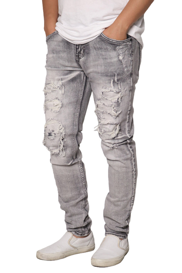 Distressed Patched Denim Jeans [Grey-AP119]