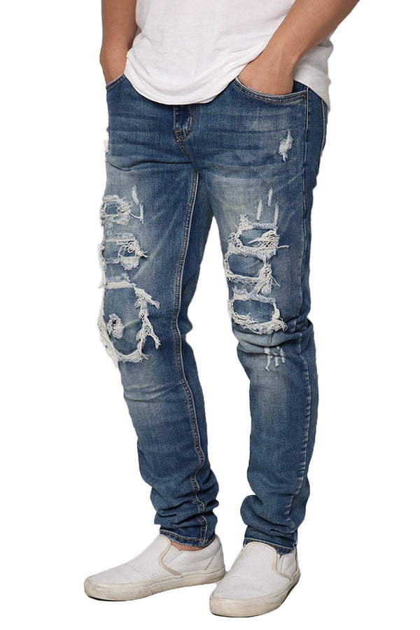 Distressed Patched Denim Jeans [Indigo-AP119]
