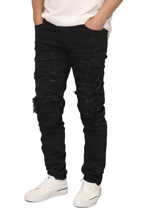 Distressed Patched Denim Jeans [Black-AP119]