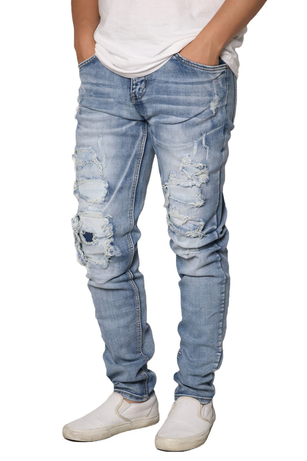 Distressed Patched Denim Jeans [Lt.Indigo-AP119]