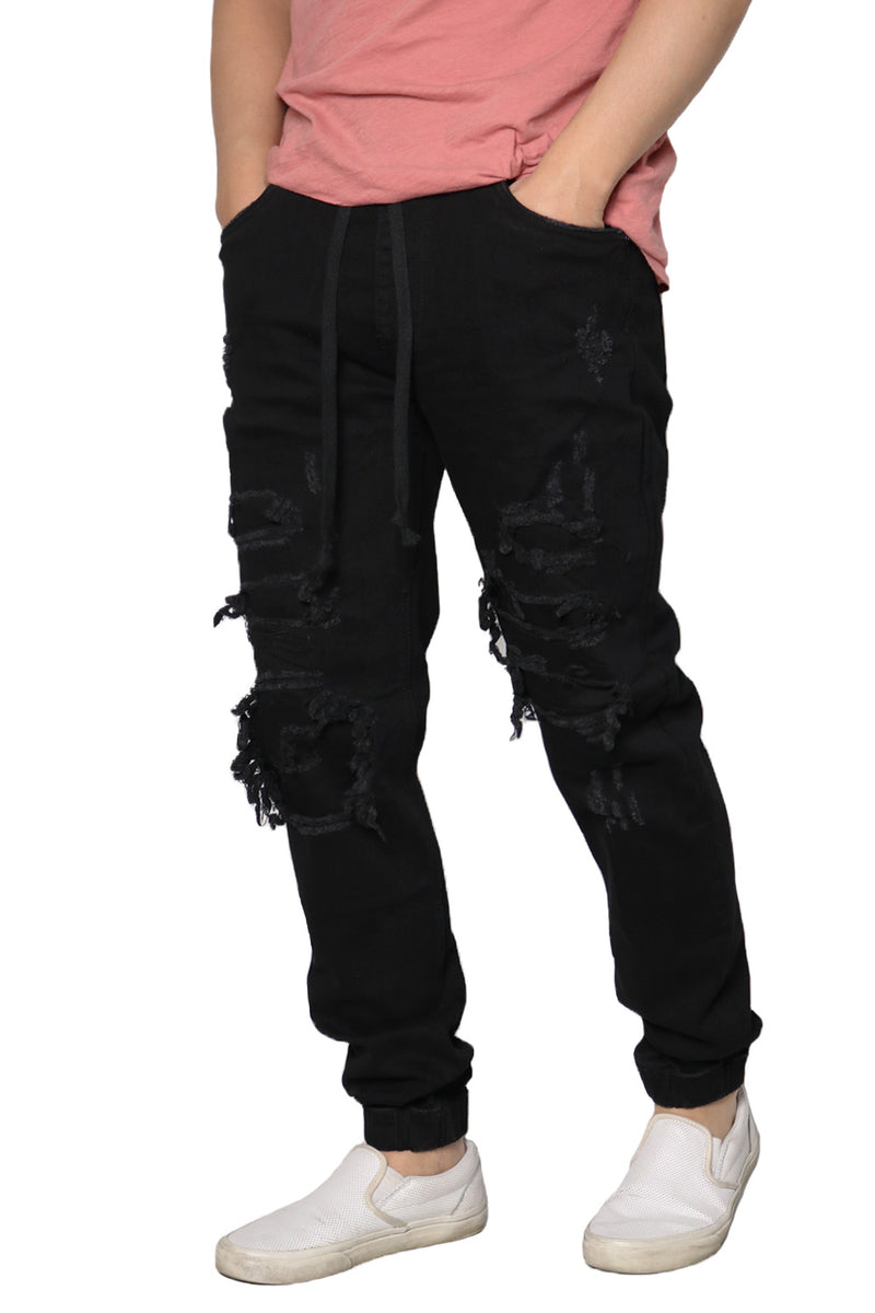 Distressed Denim Jogger Pants [Black-AP3050]