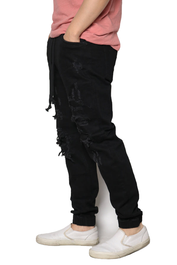 Distressed Denim Jogger Pants [Black-AP3050]