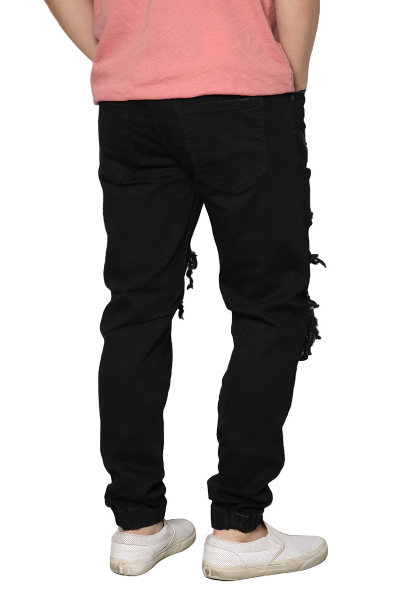 Distressed Denim Jogger Pants [Black-AP3050]