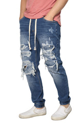 Distressed Denim Jogger Pants [Indigo-AP3050]