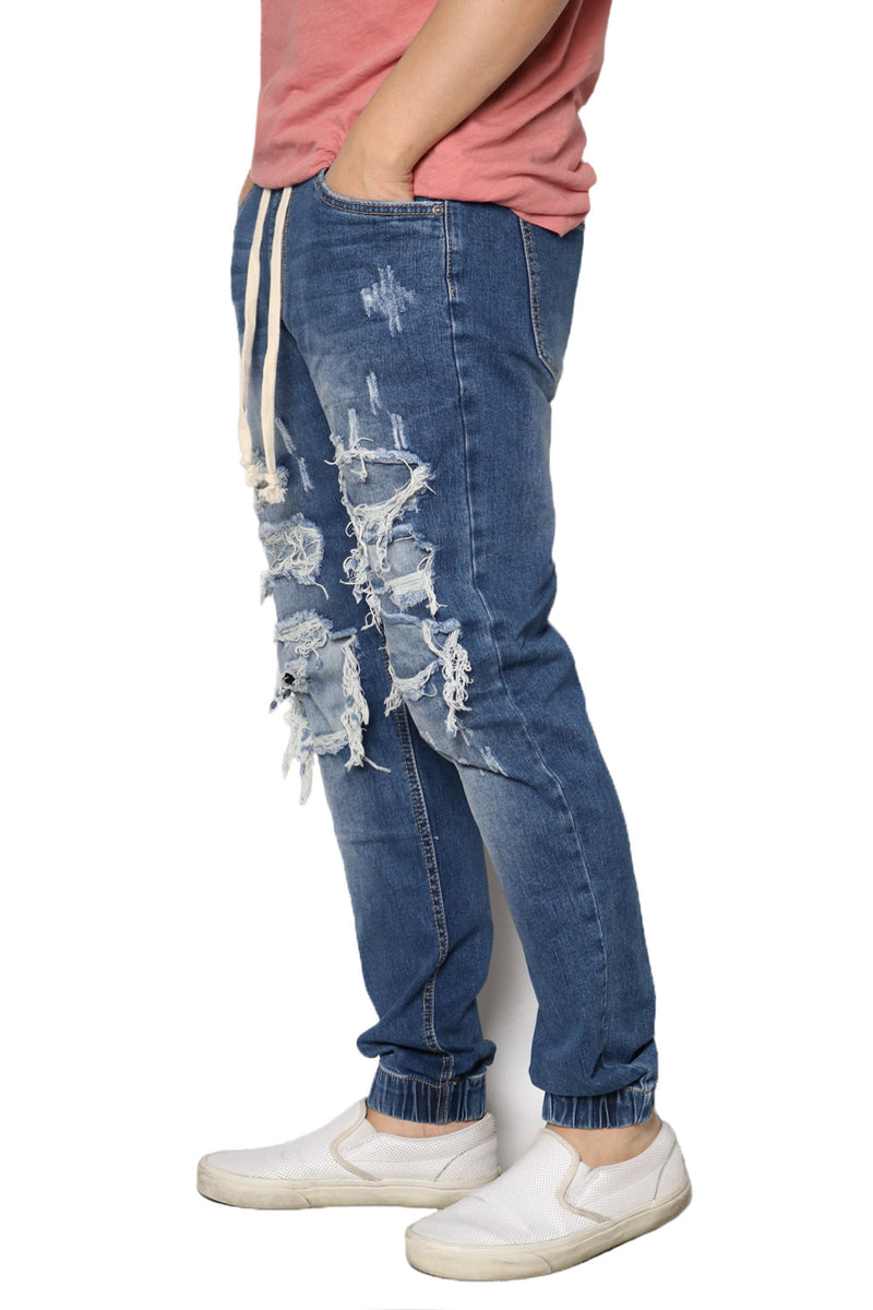 Distressed Denim Jogger Pants [Indigo-AP3050]