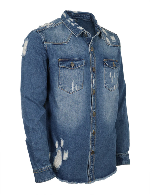 Distressed Denim Shirt Jacket [Indigo-AK158]