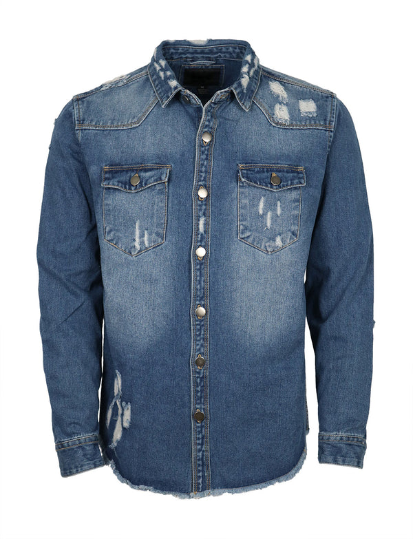 Distressed Denim Shirt Jacket [Indigo-AK158]