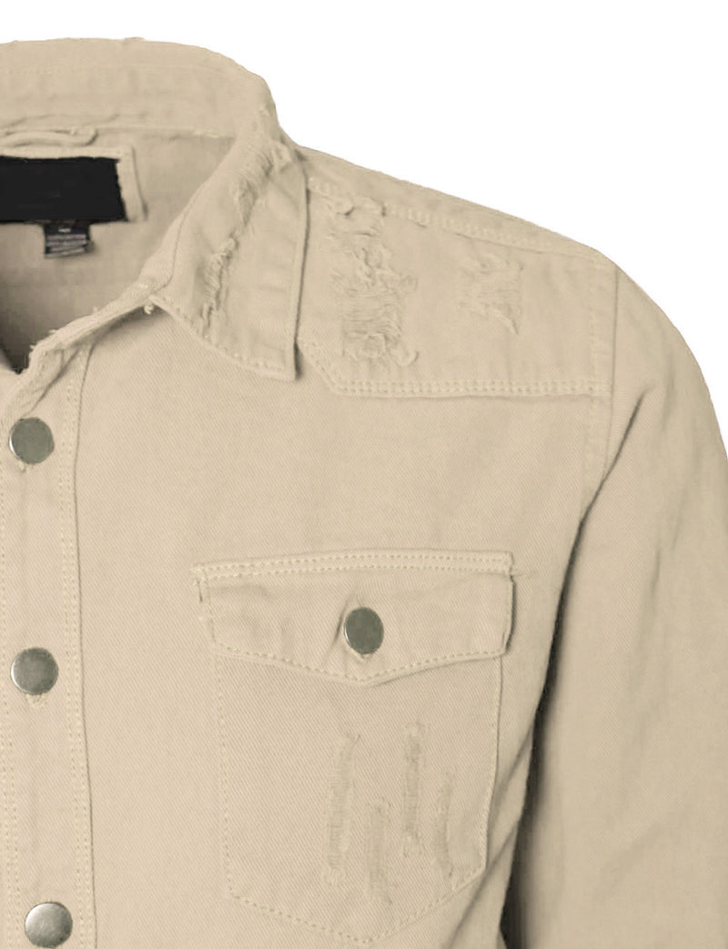 Distressed Denim Shirt Jacket [Sand-AK158]