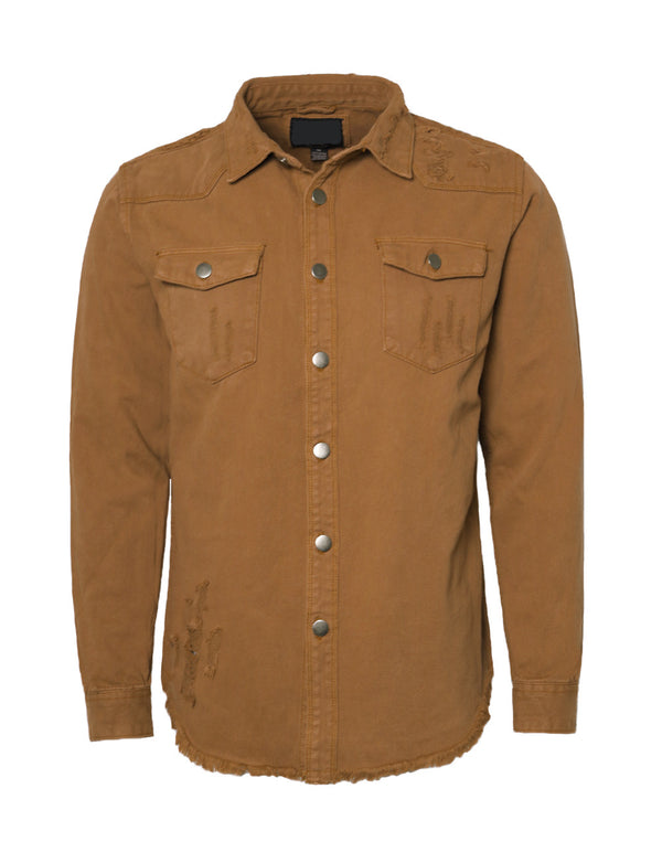 Distressed Denim Shirt Jacket [Wheat-AK158]